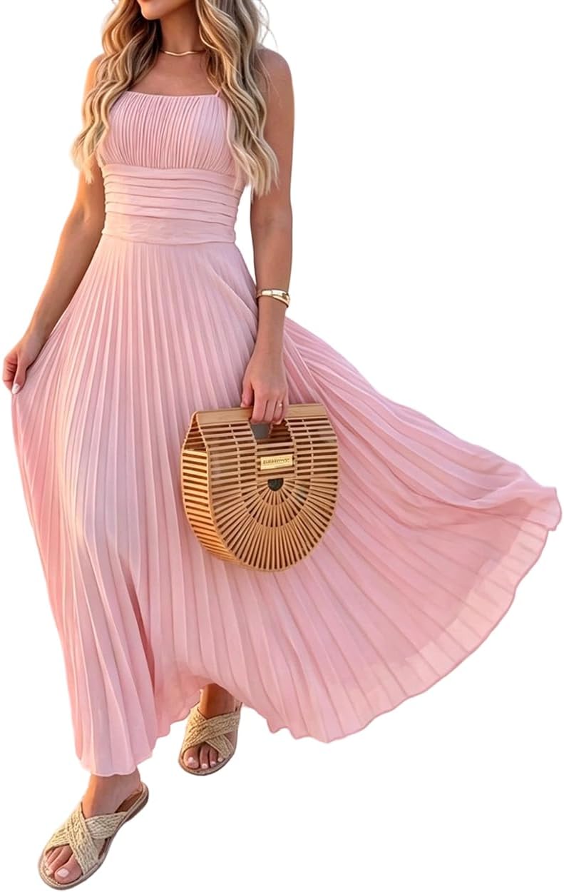 CHICME Maxi Dresses for Women Square Neck Pleated Summer Dress | Flowy Dresses for Women French Style Sundress, Adjustable Straps, Backless Dress for Wedding Guest, Vacation, Beach & Party