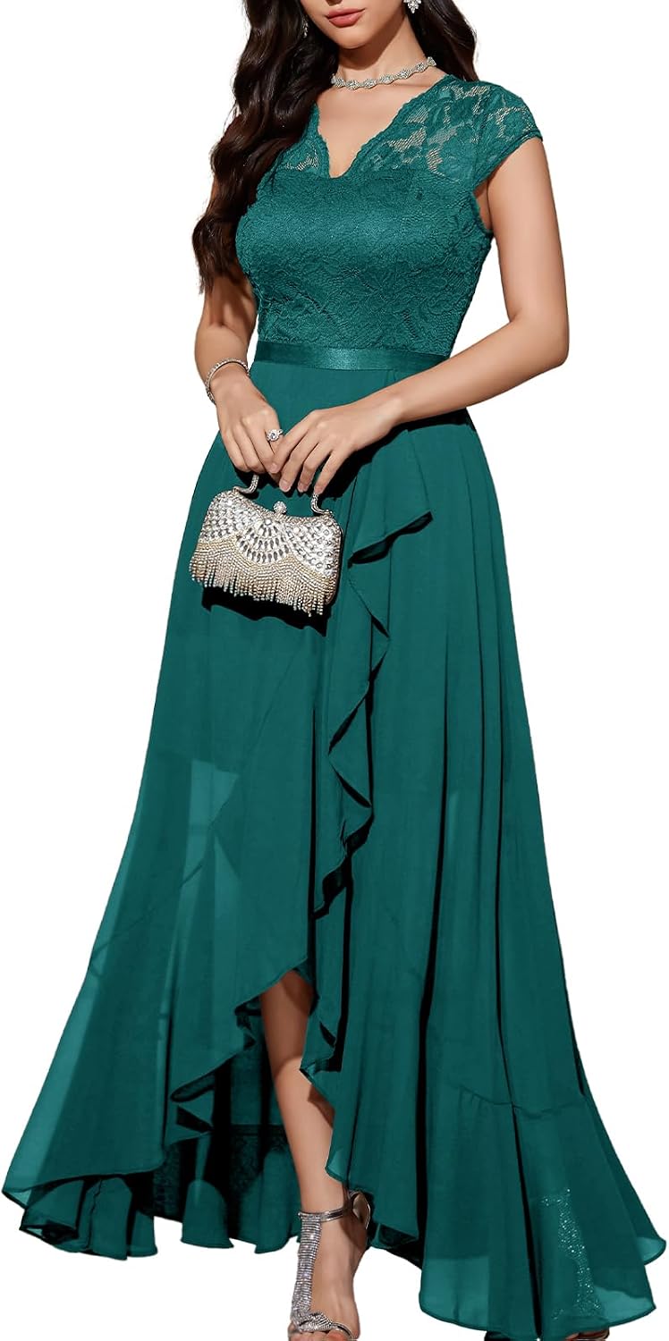 Bbonlinedress Women's V-Neck Dress for Women Wedding Guest Hi-Lo Floral Lace Prom Cocktail Party Formal Bridesmaid Dress