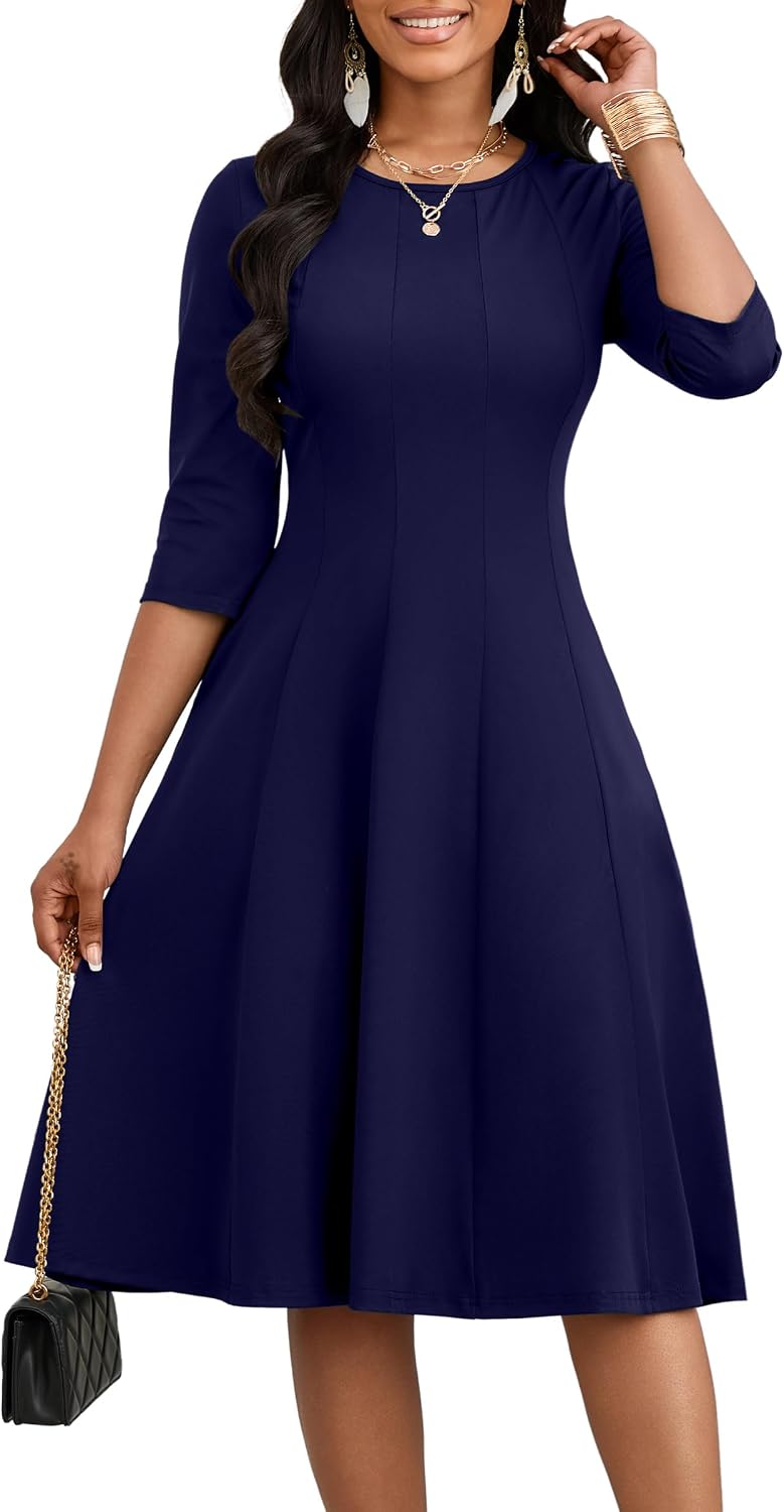 CLOCOR Midi Dresses Elegant Church 3\/4 Sleeve Crew Neck Dress with Pocket | Midi dress for cocktail, church, flattering high-waist A-line back zipper for easy on\/off, side pockets for convenience