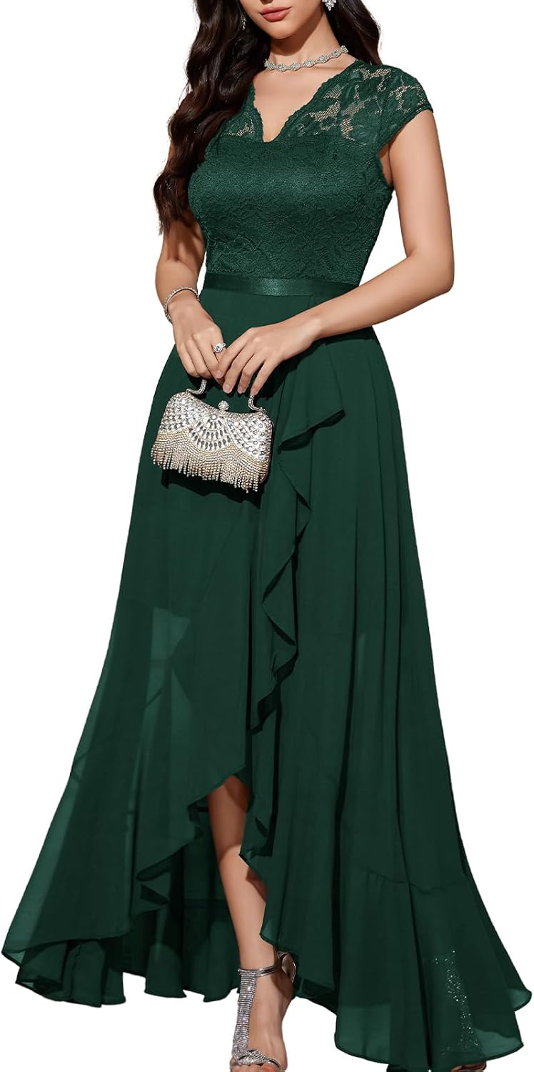 Bbonlinedress Women's V-Neck Dress for Women Wedding Guest Hi-Lo Floral Lace Prom Cocktail Party Formal Bridesmaid Dress