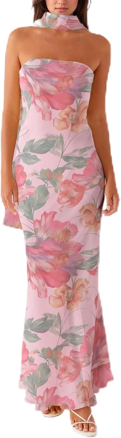 Women Floral Tube Maxi Dress with Scarf Summer Strapless Tube Bodycon Mesh Layer Cocktail Party Wedding Guest Dress