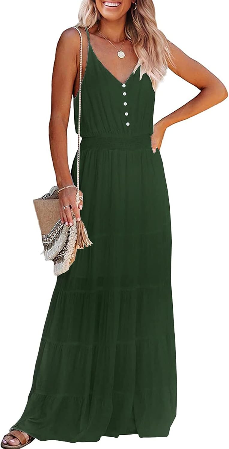 PRETTYGARDEN Women's Spaghetti Strap Summer Maxi Dress | Soft Flowy Fabric, V Neck Sleeveless , Elastic High Waist, Wedding Guest Party Dress, Casual Long Sundress for Beach Vacation