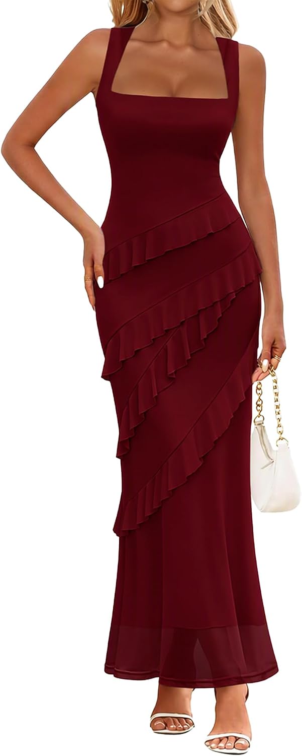 HOCILLE Women's Sexy Bodycon Sleeveless Mesh Ruffle Cocktail Maxi Dress | Sundress Elegant Sleeveless Ruffle Cocktail Party Dresses