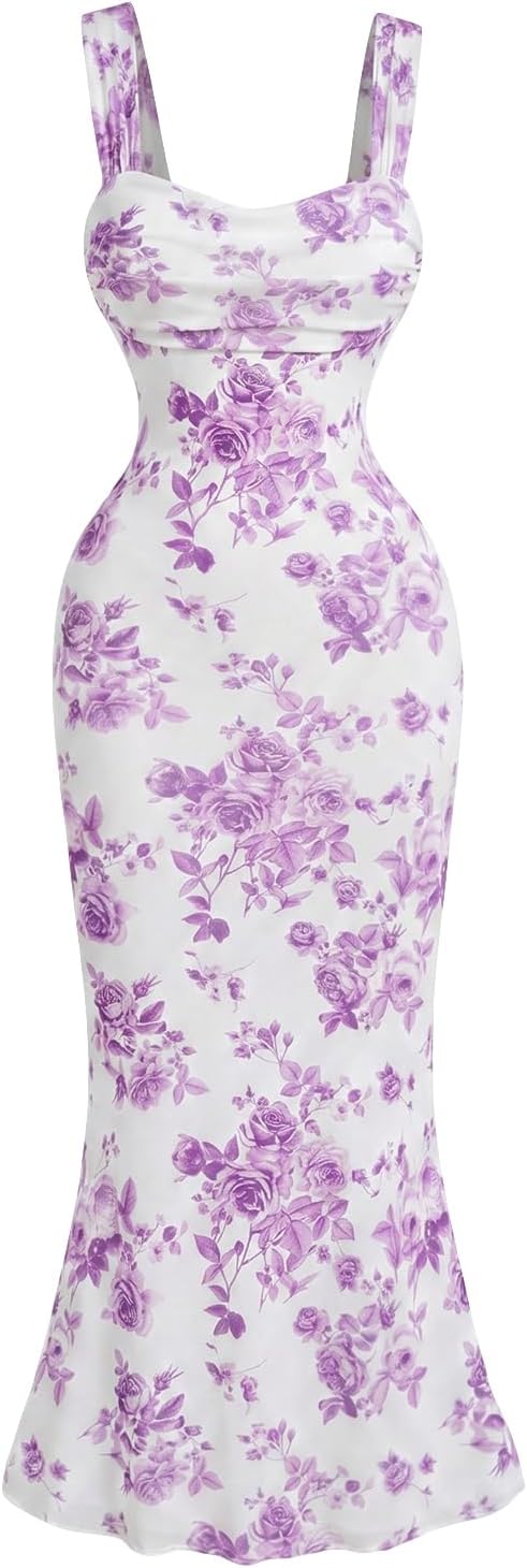 GORGLITTER Women's Floral Wedding Guest Bridal Shower Cocktail Midi Dresses | Baby Shower, Summer, Bodycon Dresses, Sweetheart Neckline Dress, Bridesmaid, Sundresses