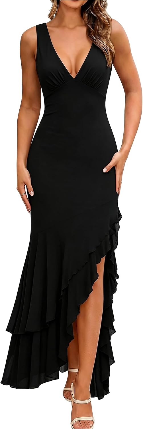 BORIFLORS Women's Elegant Mermaid Ruffle Cocktail Maxi Dress | Ruched, V Neck, High Slit, Homecoming Party, Long Dresses