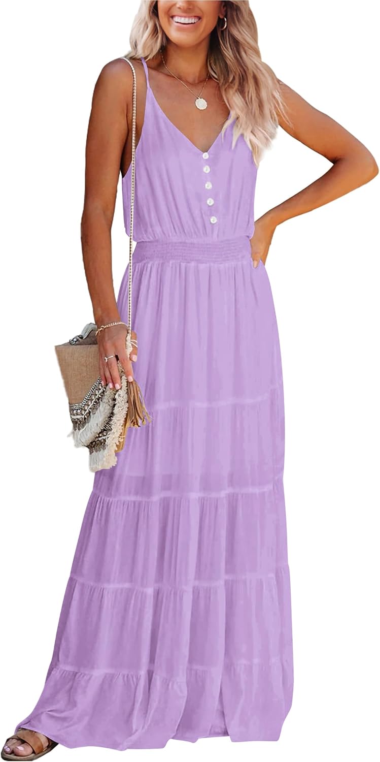 PRETTYGARDEN Women's Spaghetti Strap Summer Maxi Dress | Soft Flowy Fabric, V Neck Sleeveless , Elastic High Waist, Wedding Guest Party Dress, Casual Long Sundress for Beach Vacation