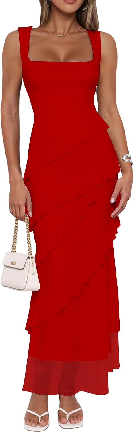 HOCILLE Women's Sexy Bodycon Sleeveless Mesh Ruffle Cocktail Maxi Dress | Sundress Elegant Sleeveless Ruffle Cocktail Party Dresses