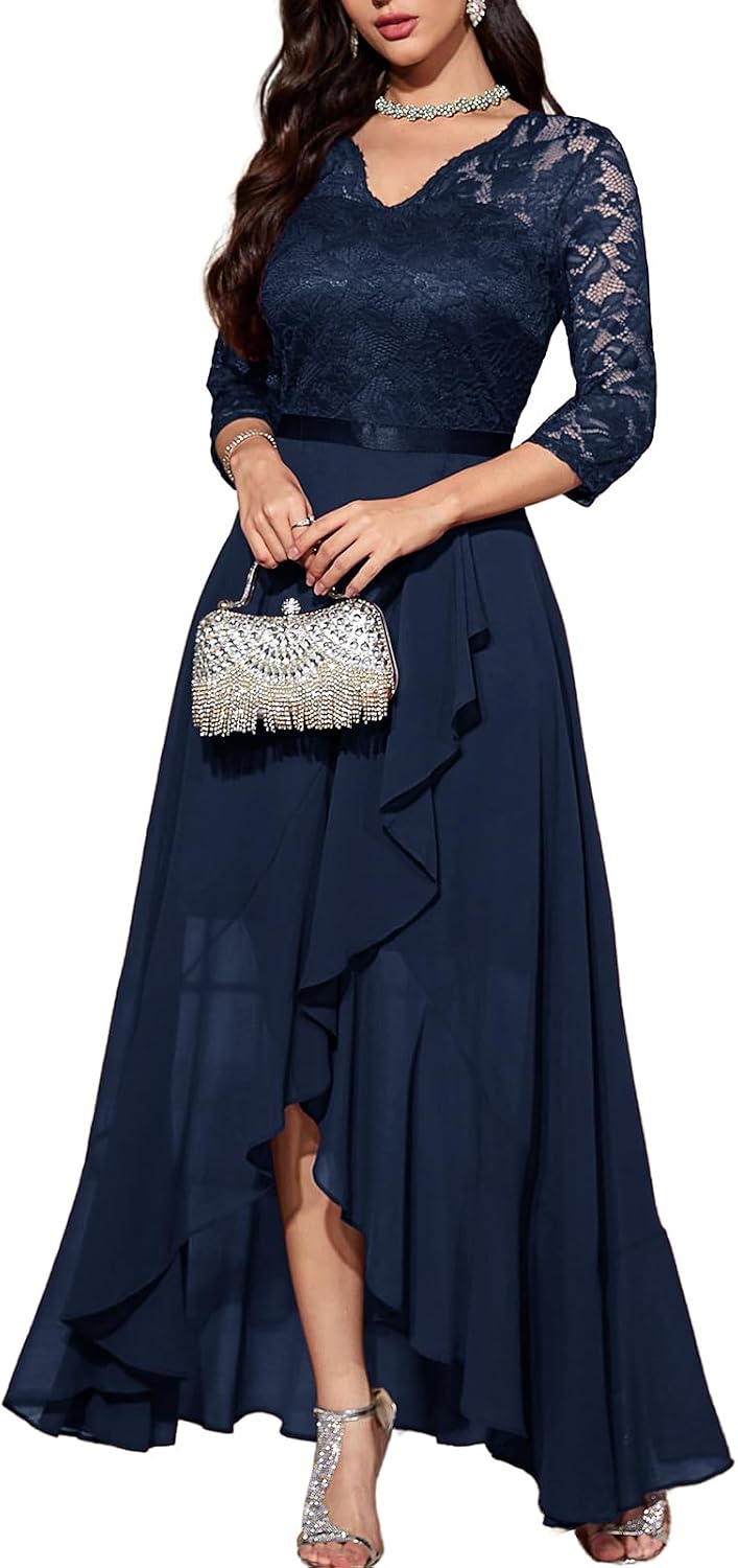 Bbonlinedress Women's V-Neck Dress for Women Wedding Guest Hi-Lo Floral Lace Prom Cocktail Party Formal Bridesmaid Dress