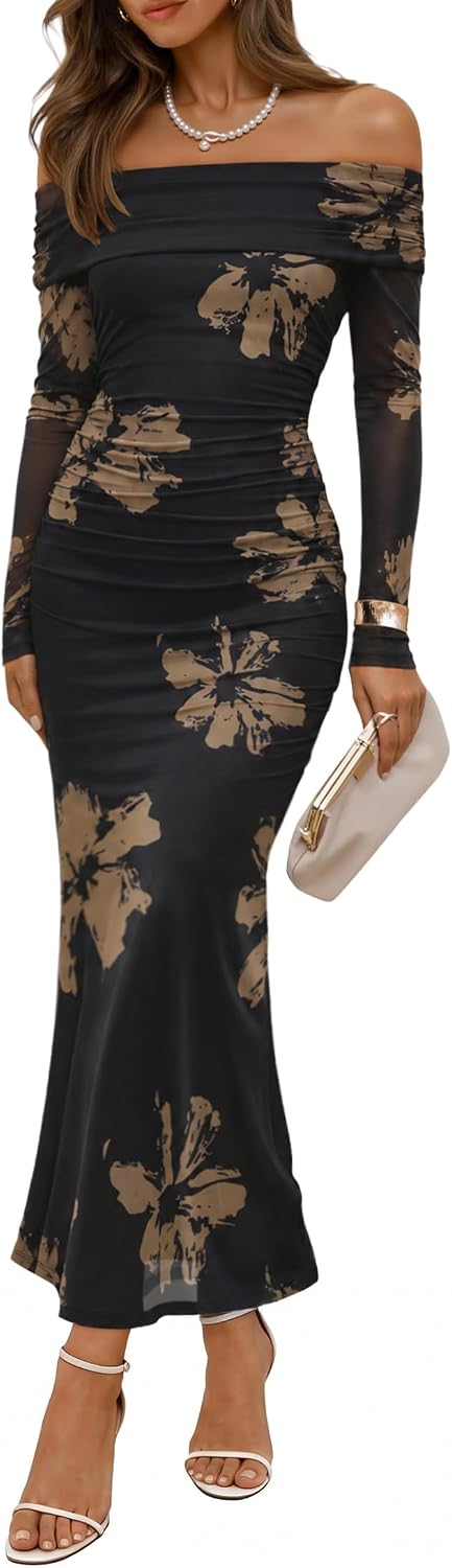 ZESICA Womens Long Sleeve Off Shoulder Maxi Fall Mesh Wedding Guest Dresses | Floral, Bodycon, Elegant, Sexy, Formal, Cocktail, Party, Baby Shower, Bridal Shower, Holiday, Dinner, Prom, Homecoming Dress