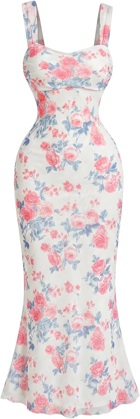 GORGLITTER Women's Floral Wedding Guest Bridal Shower Cocktail Midi Dresses | Baby Shower, Summer, Bodycon Dresses, Sweetheart Neckline Dress, Bridesmaid, Sundresses