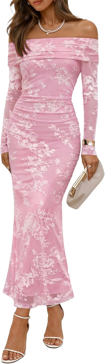 ZESICA Womens Long Sleeve Off Shoulder Maxi Fall Mesh Wedding Guest Dresses | Floral, Bodycon, Elegant, Sexy, Formal, Cocktail, Party, Baby Shower, Bridal Shower, Holiday, Dinner, Prom, Homecoming Dress