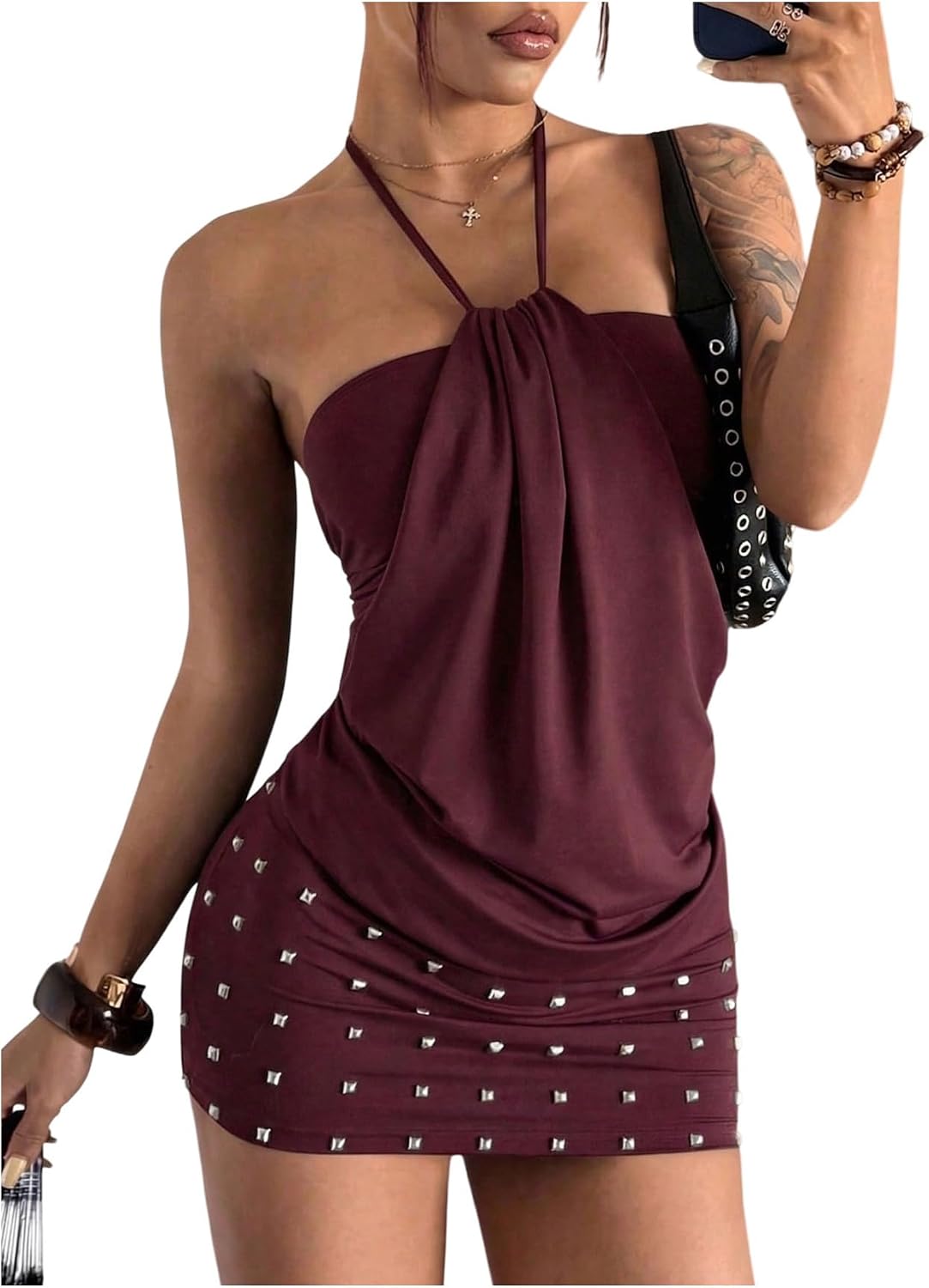 SweatyRocks Women's Y2k Grunge Halter Mini Dress Sexy Club Backless Dresses | Ruched Grunge Rivet Draped Front Bodycon Dresses, Gothic Rave Music Festival Concert Outfits Dresses
