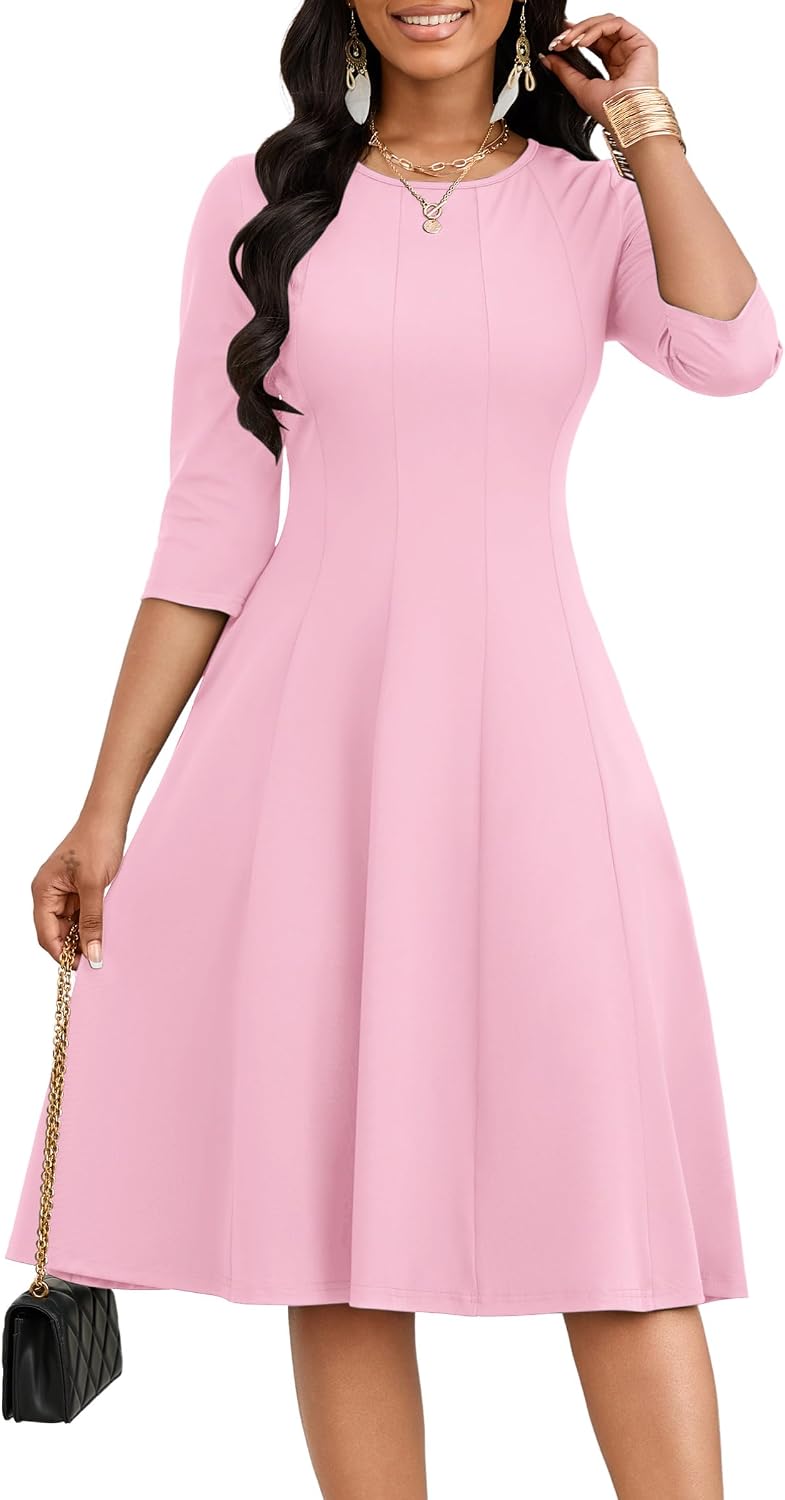 CLOCOR Midi Dresses Elegant Church 3\/4 Sleeve Crew Neck Dress with Pocket | Midi dress for cocktail, church, flattering high-waist A-line back zipper for easy on\/off, side pockets for convenience
