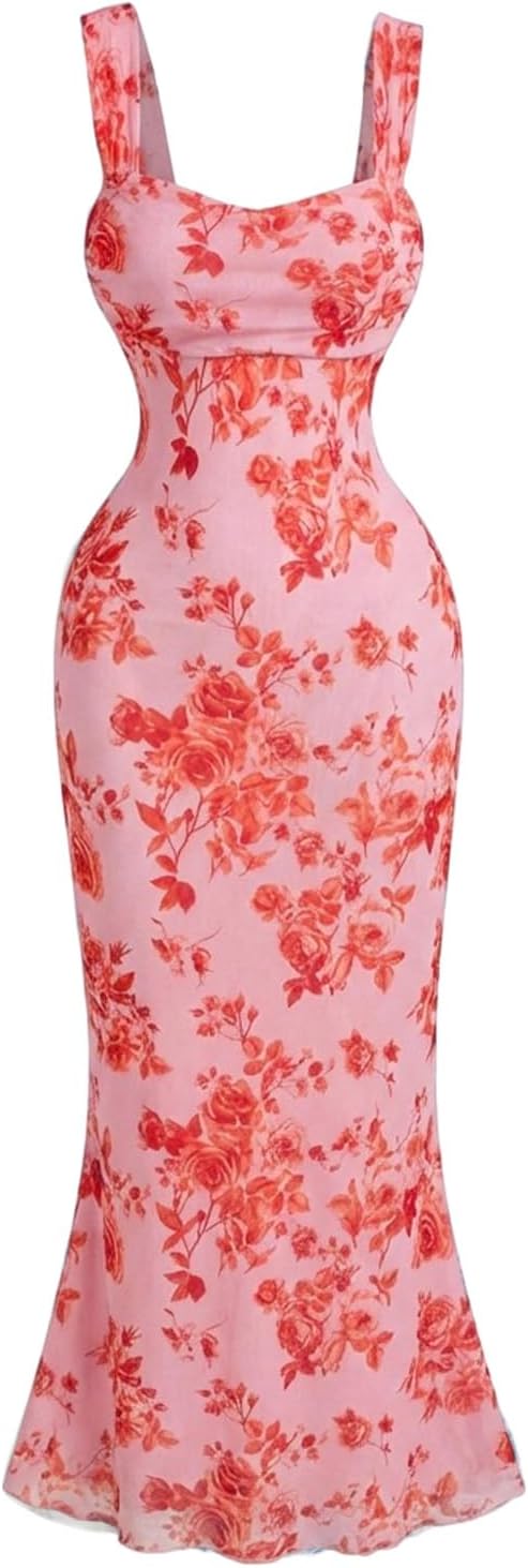 GORGLITTER Women's Floral Wedding Guest Bridal Shower Cocktail Midi Dresses | Baby Shower, Summer, Bodycon Dresses, Sweetheart Neckline Dress, Bridesmaid, Sundresses