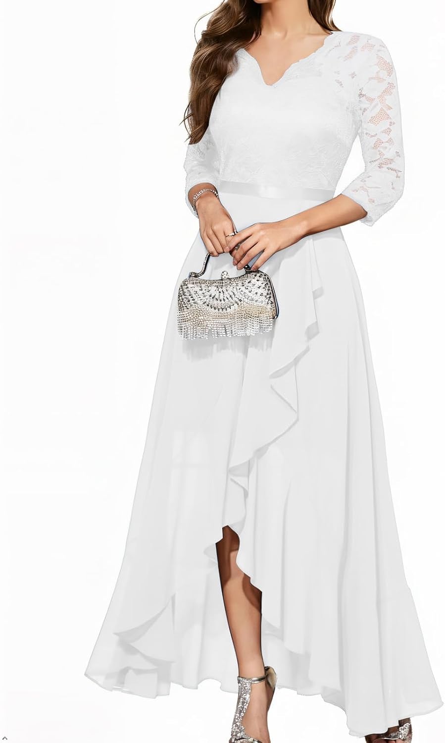 Bbonlinedress Women's V-Neck Dress for Women Wedding Guest Hi-Lo Floral Lace Prom Cocktail Party Formal Bridesmaid Dress