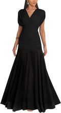 GOKATOSAU Women's Elegant Formal V Neck Bodycon Ruched Long Dress | Cap Sleeve,Flowy Maxi Mesh Ruffle Hem,Slim A-Line,Evening Cocktail Prom Party Dress,Wedding Guest Bridesmaids Gown Dress