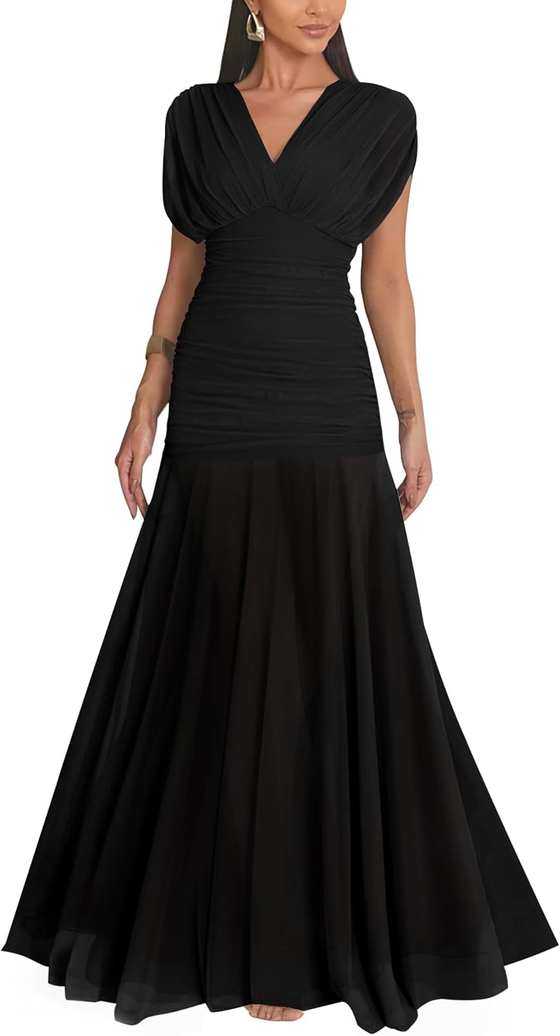 GOKATOSAU Women's Elegant Formal V Neck Bodycon Ruched Long Dress | Cap Sleeve,Flowy Maxi Mesh Ruffle Hem,Slim A-Line,Evening Cocktail Prom Party Dress,Wedding Guest Bridesmaids Gown Dress