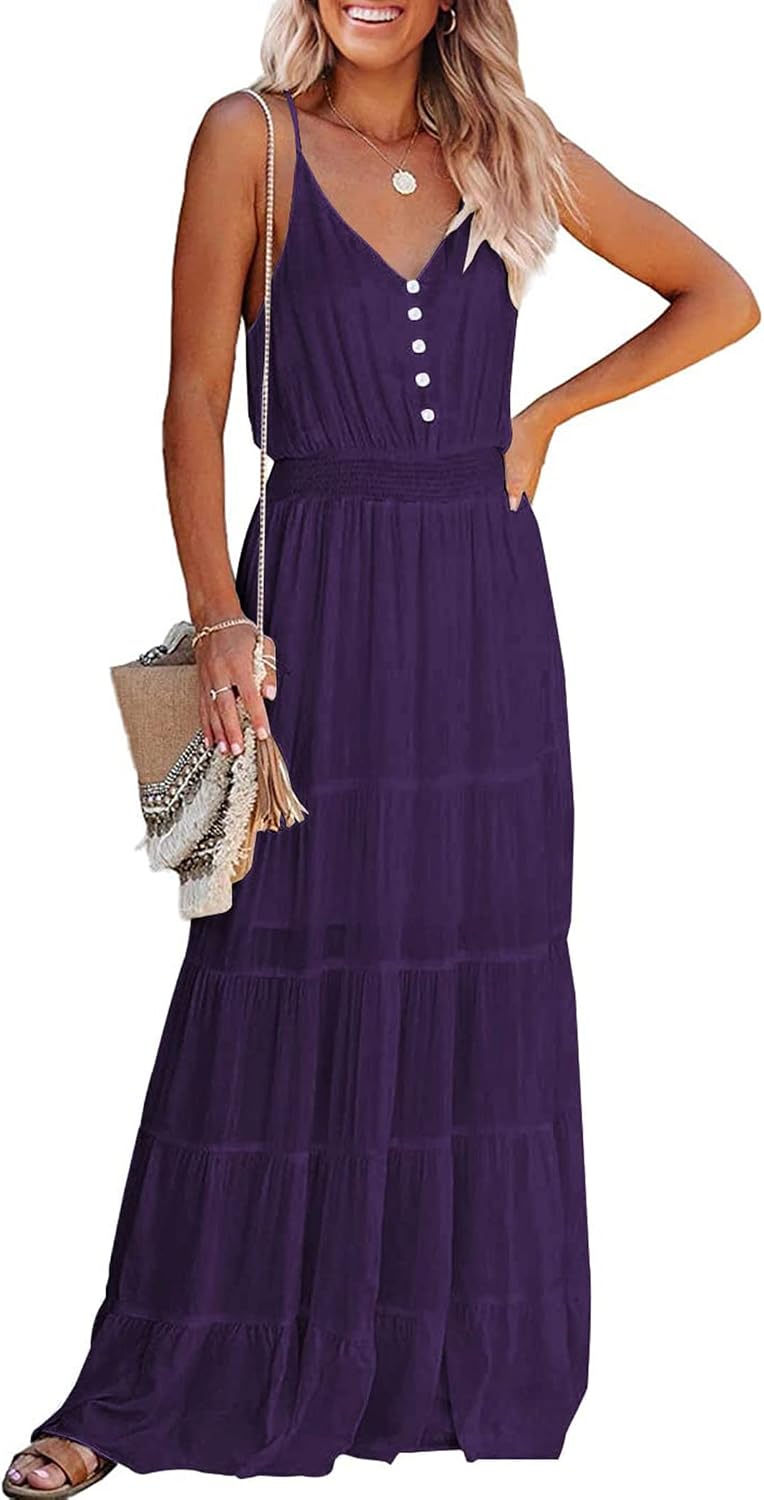 PRETTYGARDEN Women's Spaghetti Strap Summer Maxi Dress | Soft Flowy Fabric, V Neck Sleeveless , Elastic High Waist, Wedding Guest Party Dress, Casual Long Sundress for Beach Vacation