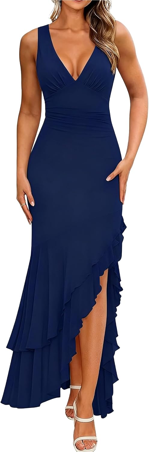 BORIFLORS Women's Elegant Mermaid Ruffle Cocktail Maxi Dress | Ruched, V Neck, High Slit, Homecoming Party, Long Dresses