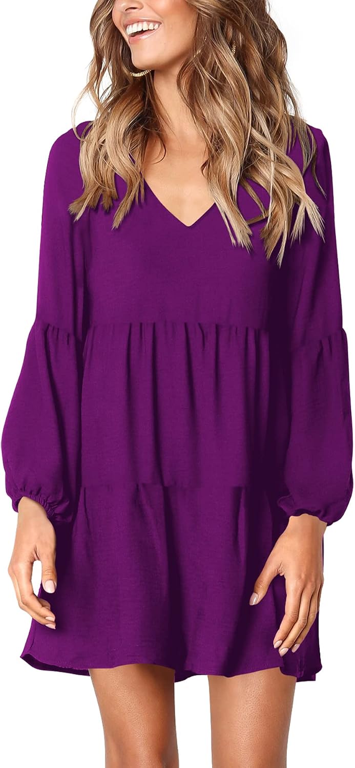 Amoretu Womens Tunic Dress Long Sleeve V Neck Casual Loose Flowy Swing Shift Dresses