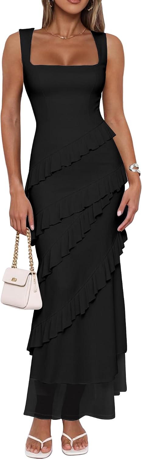 HOCILLE Women's Sexy Bodycon Sleeveless Mesh Ruffle Cocktail Maxi Dress | Sundress Elegant Sleeveless Ruffle Cocktail Party Dresses