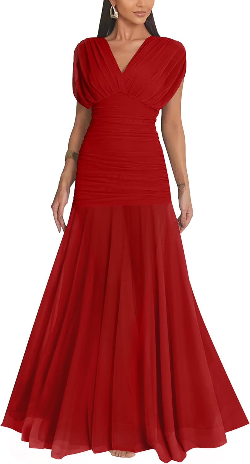 GOKATOSAU Women's Elegant Formal V Neck Bodycon Ruched Long Dress | Cap Sleeve,Flowy Maxi Mesh Ruffle Hem,Slim A-Line,Evening Cocktail Prom Party Dress,Wedding Guest Bridesmaids Gown Dress