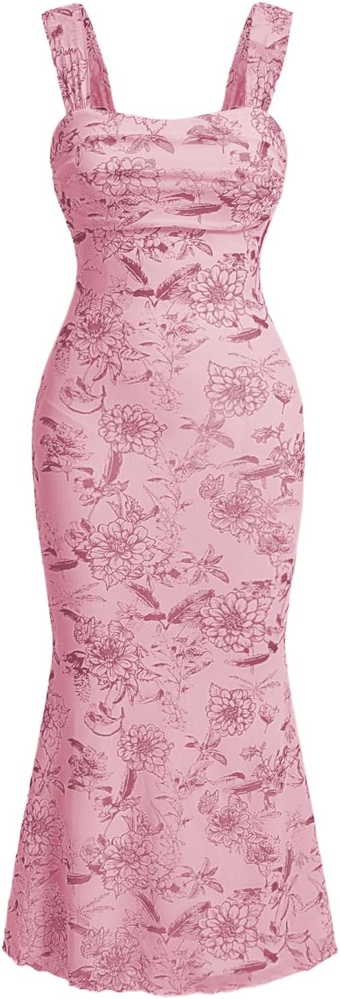 GORGLITTER Women's Floral Wedding Guest Bridal Shower Cocktail Midi Dresses | Baby Shower, Summer, Bodycon Dresses, Sweetheart Neckline Dress, Bridesmaid, Sundresses