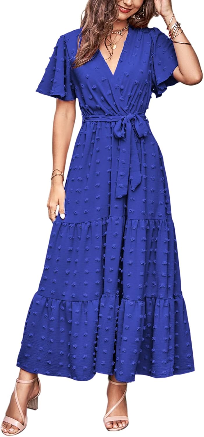 MASCOMODA Womens Summer Swiss Dot Maxi Dresses Wrap Boho Floral Long Dress | V Neck Wrap Dress, Flutter Short Sleeve, Tie Waist, Flowy A Line, Tiered Ruffle Hem, Elegant Spring Wedding Guest Dresses