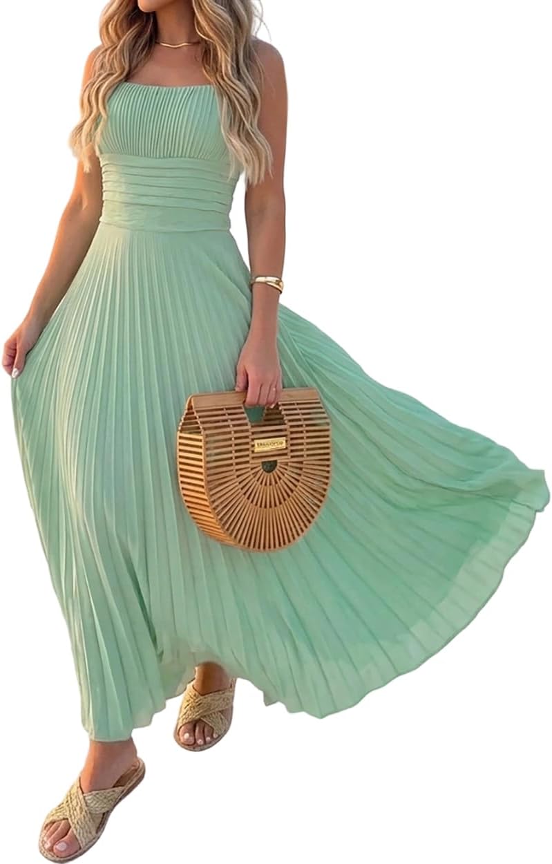 CHICME Maxi Dresses for Women Square Neck Pleated Summer Dress | Flowy Dresses for Women French Style Sundress, Adjustable Straps, Backless Dress for Wedding Guest, Vacation, Beach & Party