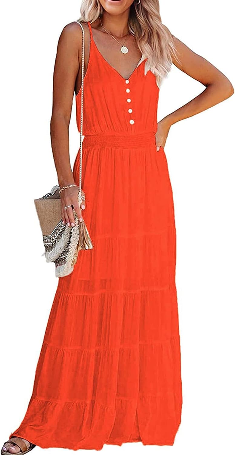 PRETTYGARDEN Women's Spaghetti Strap Summer Maxi Dress | Soft Flowy Fabric, V Neck Sleeveless , Elastic High Waist, Wedding Guest Party Dress, Casual Long Sundress for Beach Vacation