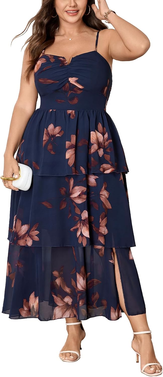 Womens Plus Size Floral Maxi Dress | Spaghetti Strap Tiered Ruffle Summer Wedding Guest Dress for Vacation and Garden Party