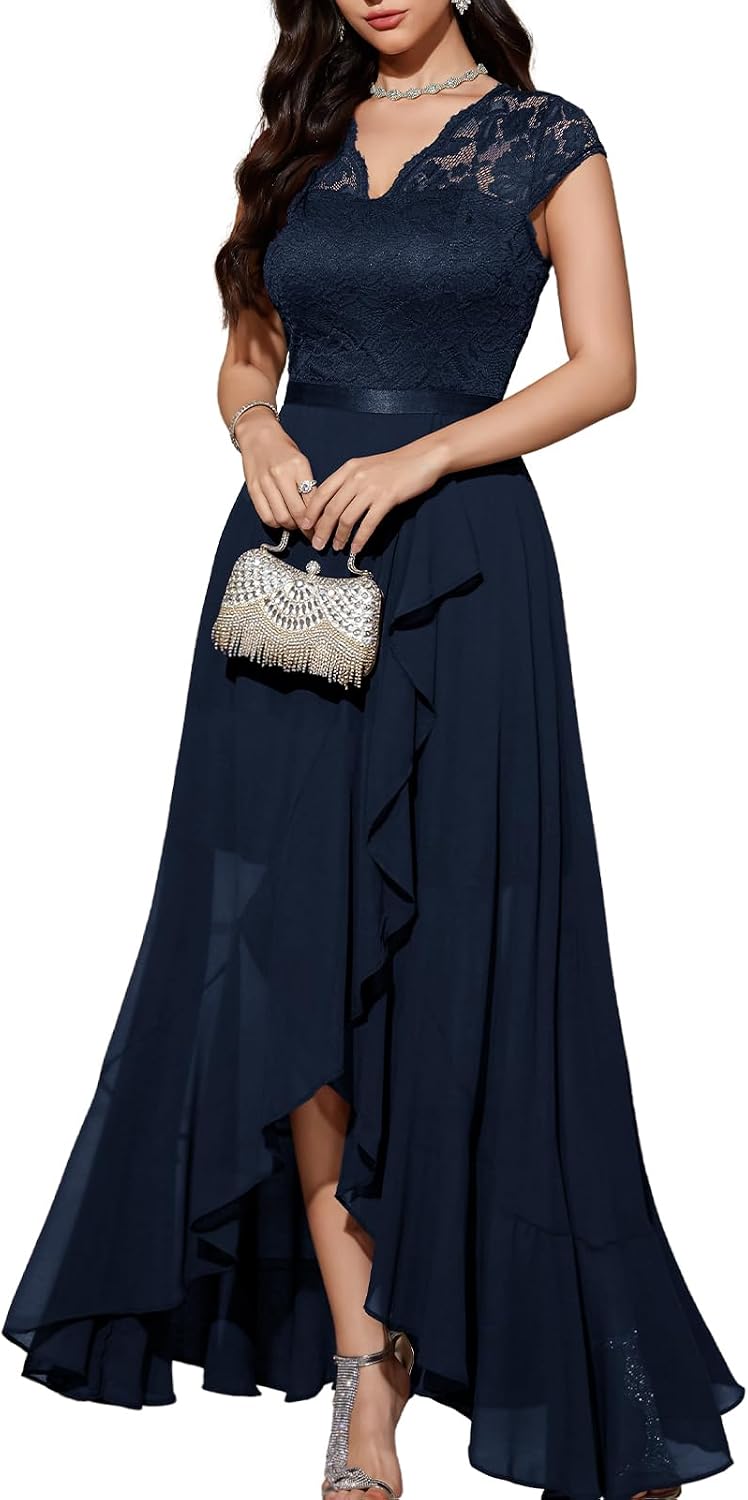 Bbonlinedress Women's V-Neck Dress for Women Wedding Guest Hi-Lo Floral Lace Prom Cocktail Party Formal Bridesmaid Dress