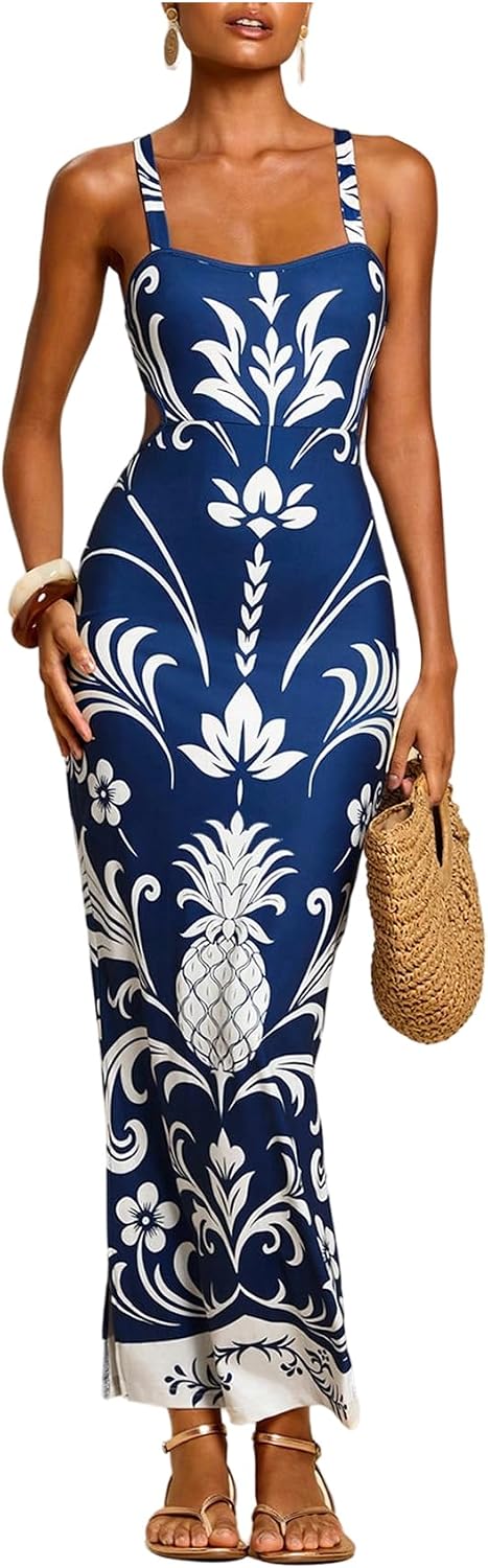 Floerns Women's Tropical Bow Tie Back Long Dress Sleeveless Maxi Dress | Hawaiian Resort Wear, Coastal Vacation, Beach Wedding Guest, Side Slit, Spring Break Outfits
