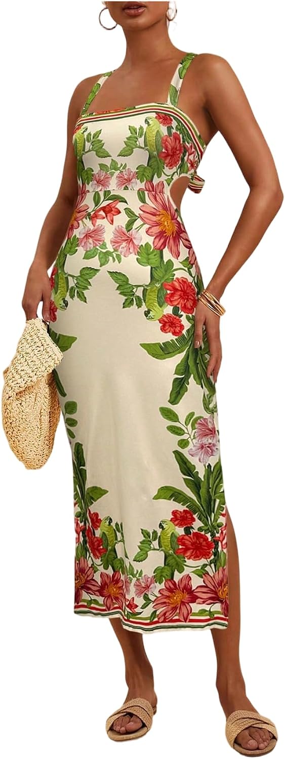 Floerns Women's Tropical Bow Tie Back Long Dress Sleeveless Maxi Dress | Hawaiian Resort Wear, Coastal Vacation, Beach Wedding Guest, Side Slit, Spring Break Outfits