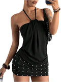 SweatyRocks Women's Y2k Grunge Halter Mini Dress Sexy Club Backless Dresses | Ruched Grunge Rivet Draped Front Bodycon Dresses, Gothic Rave Music Festival Concert Outfits Dresses