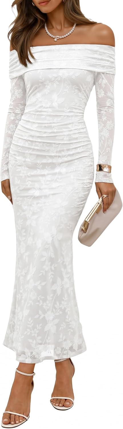 ZESICA Womens Long Sleeve Off Shoulder Maxi Fall Mesh Wedding Guest Dresses | Floral, Bodycon, Elegant, Sexy, Formal, Cocktail, Party, Baby Shower, Bridal Shower, Holiday, Dinner, Prom, Homecoming Dress