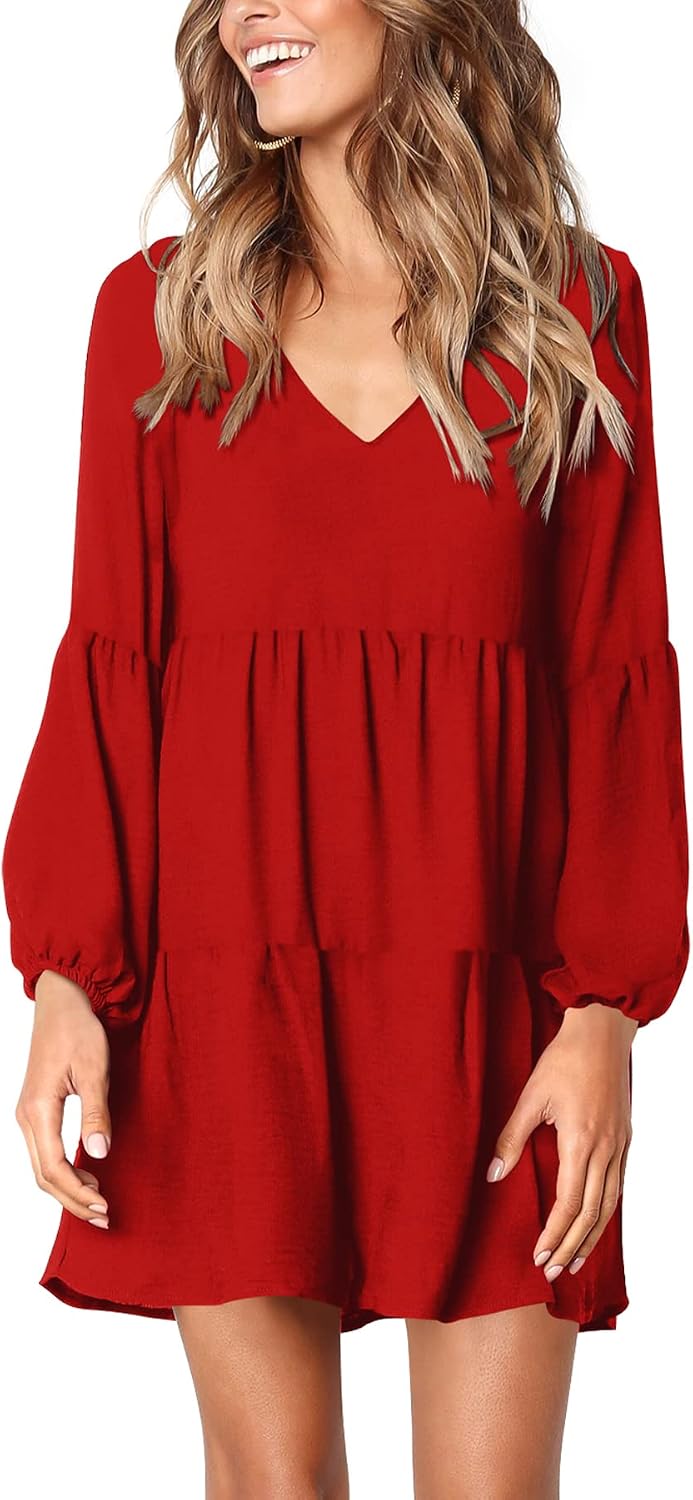 Amoretu Womens Tunic Dress Long Sleeve V Neck Casual Loose Flowy Swing Shift Dresses