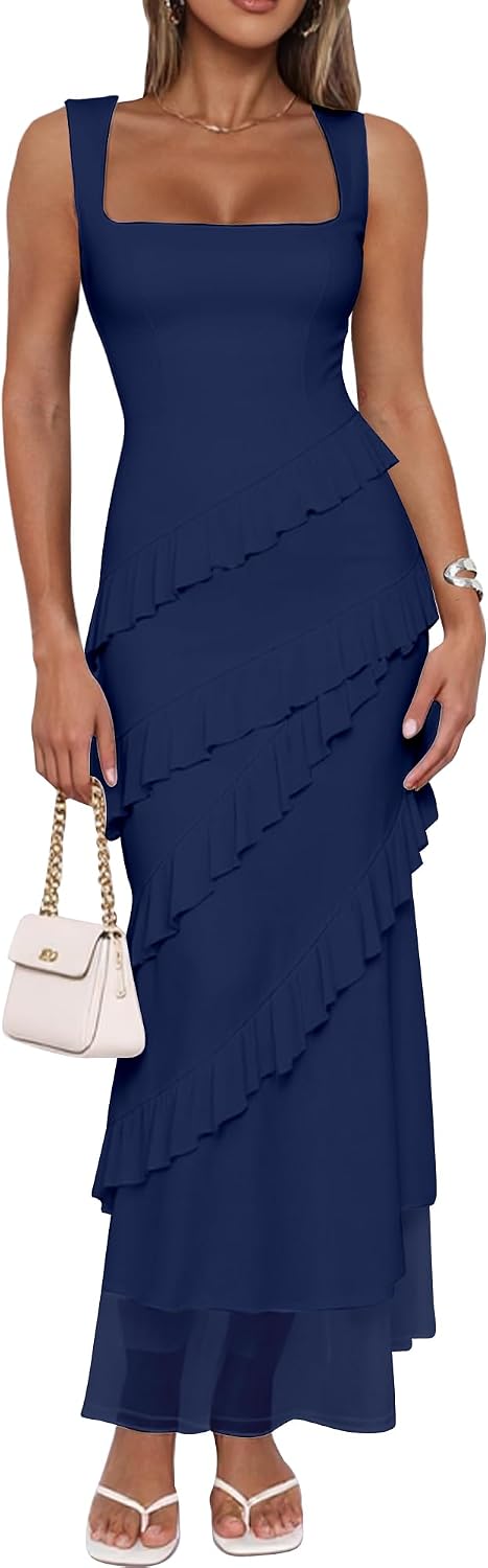 HOCILLE Women's Sexy Bodycon Sleeveless Mesh Ruffle Cocktail Maxi Dress | Sundress Elegant Sleeveless Ruffle Cocktail Party Dresses