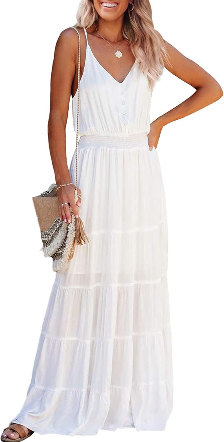 PRETTYGARDEN Women's Spaghetti Strap Summer Maxi Dress | Soft Flowy Fabric, V Neck Sleeveless , Elastic High Waist, Wedding Guest Party Dress, Casual Long Sundress for Beach Vacation