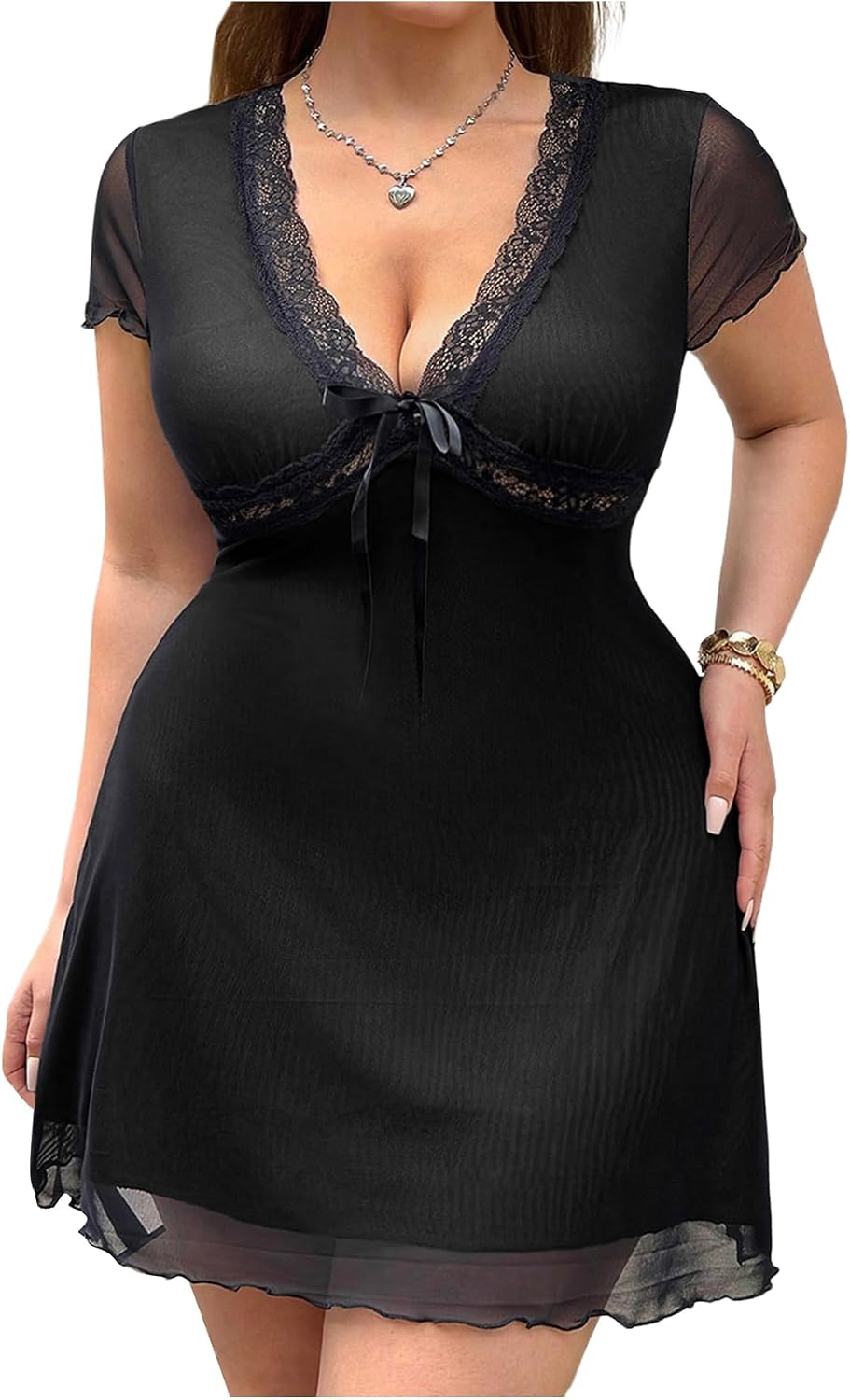 SHENHE Women's Plus Size Y2k Mesh Goth Mini Dress Deep V Going Out Dresses | Floral Pattern,A Line,Deep V,Short Sleeve,Flared Hem