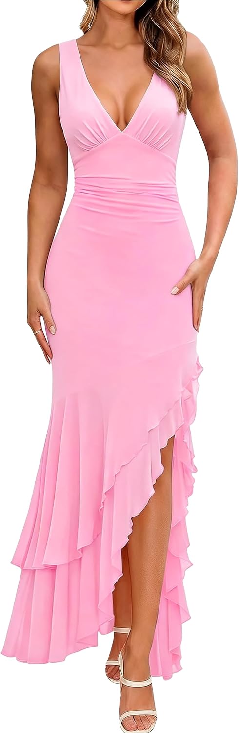 BORIFLORS Women's Elegant Mermaid Ruffle Cocktail Maxi Dress | Ruched, V Neck, High Slit, Homecoming Party, Long Dresses