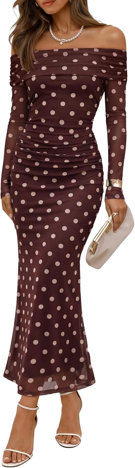 ZESICA Womens Long Sleeve Off Shoulder Maxi Fall Mesh Wedding Guest Dresses | Floral, Bodycon, Elegant, Sexy, Formal, Cocktail, Party, Baby Shower, Bridal Shower, Holiday, Dinner, Prom, Homecoming Dress