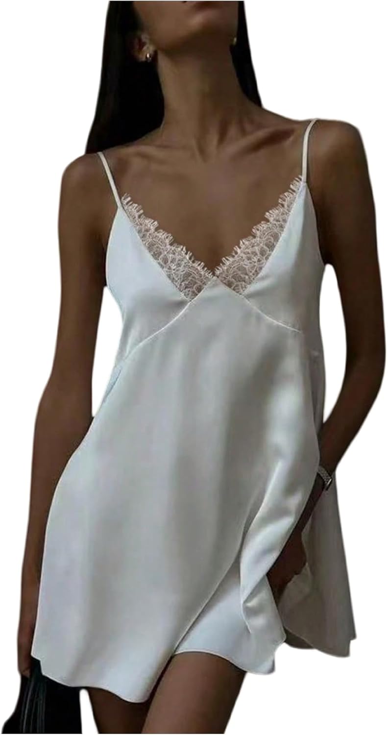 GORGLITTER Women's Lace Satin Mini Dress Backless Wedding Guest Dresses | Sexy Slip Dress, Silk, Tie, V Neck, Open Back, Bachelorette, Bridal Shower, Formal Party Dress