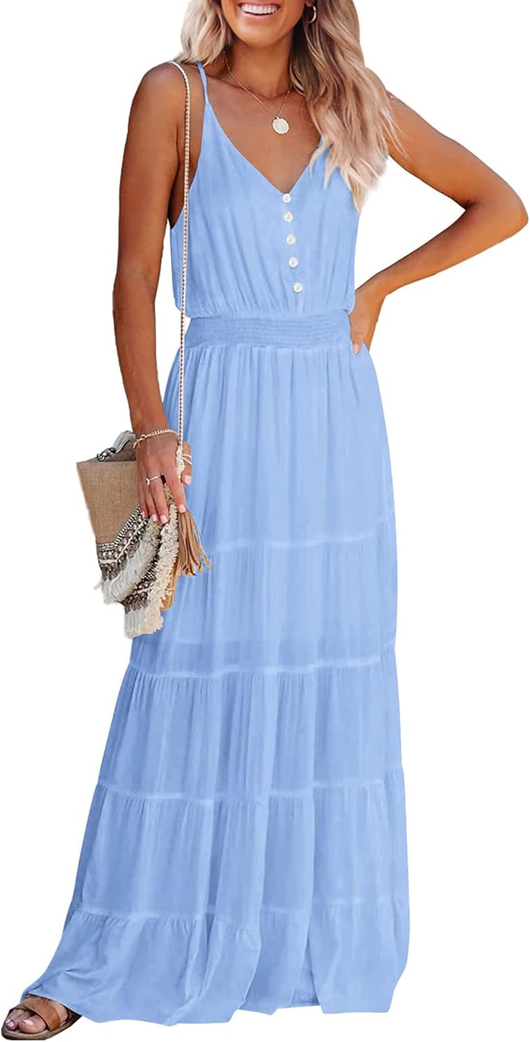 PRETTYGARDEN Women's Spaghetti Strap Summer Maxi Dress | Soft Flowy Fabric, V Neck Sleeveless , Elastic High Waist, Wedding Guest Party Dress, Casual Long Sundress for Beach Vacation