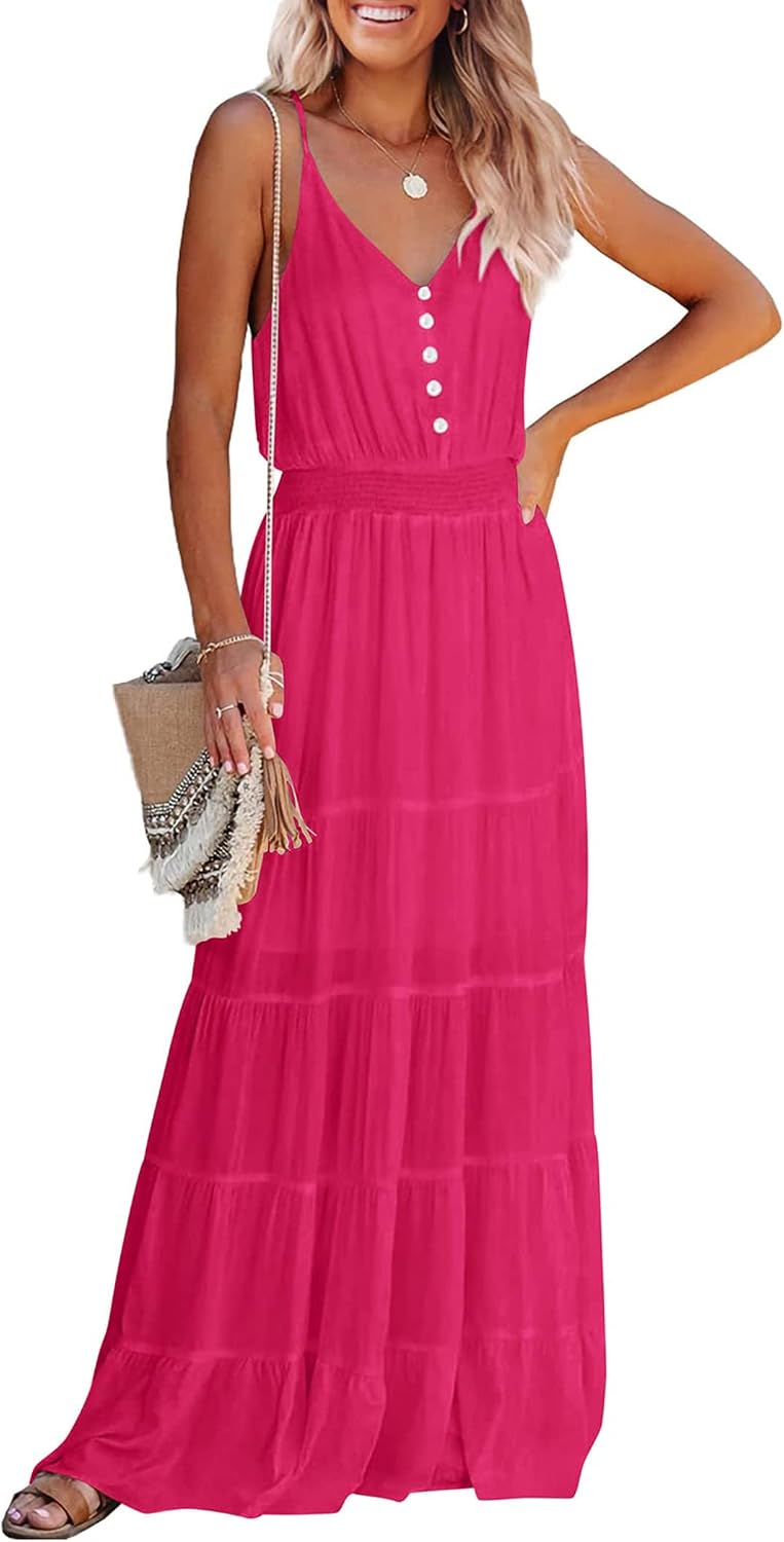 PRETTYGARDEN Women's Spaghetti Strap Summer Maxi Dress | Soft Flowy Fabric, V Neck Sleeveless , Elastic High Waist, Wedding Guest Party Dress, Casual Long Sundress for Beach Vacation