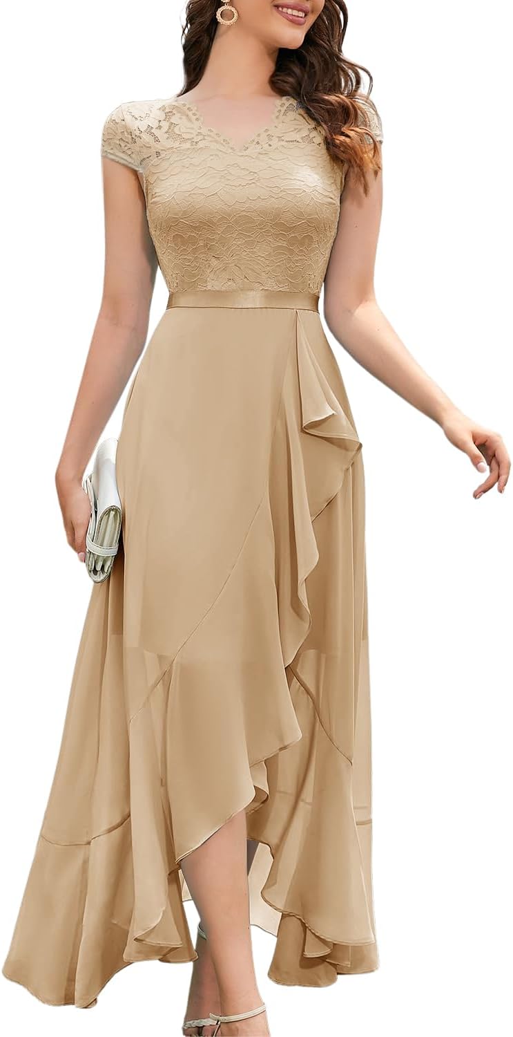 Bbonlinedress Women's V-Neck Dress for Women Wedding Guest Hi-Lo Floral Lace Prom Cocktail Party Formal Bridesmaid Dress