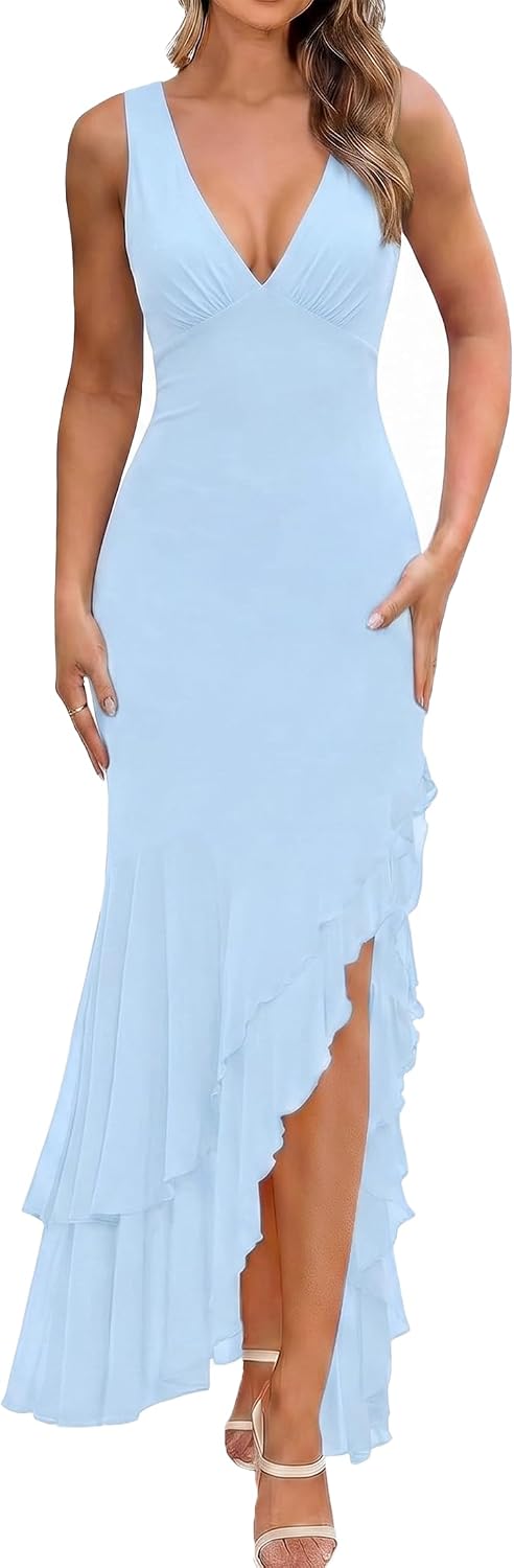 BORIFLORS Women's Elegant Mermaid Ruffle Cocktail Maxi Dress | Ruched, V Neck, High Slit, Homecoming Party, Long Dresses