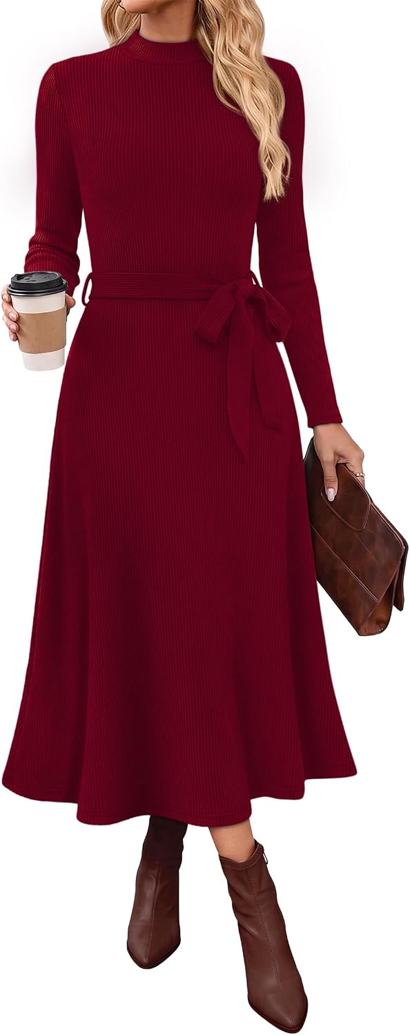 OFEEFAN Long Sleeve Dress Mock Neck Tie Waist Ribbed Knit Midi Dresses Fall Outfits