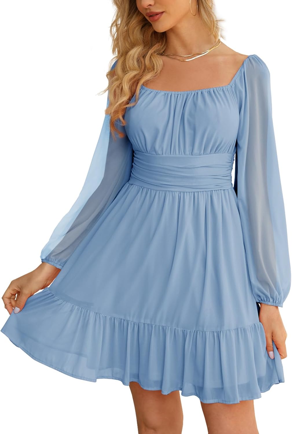 Wenrine Women's Mesh Long Sleeve Square Neck Dress High Waist A Line Ruffle Hem Flowy Casual Party Mini Dress