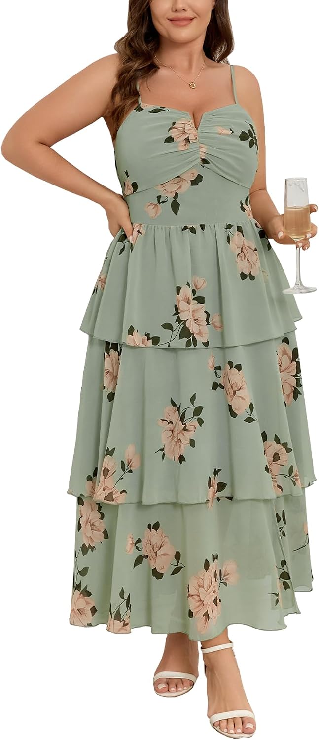 Womens Plus Size Floral Maxi Dress | Spaghetti Strap Tiered Ruffle Summer Wedding Guest Dress for Vacation and Garden Party
